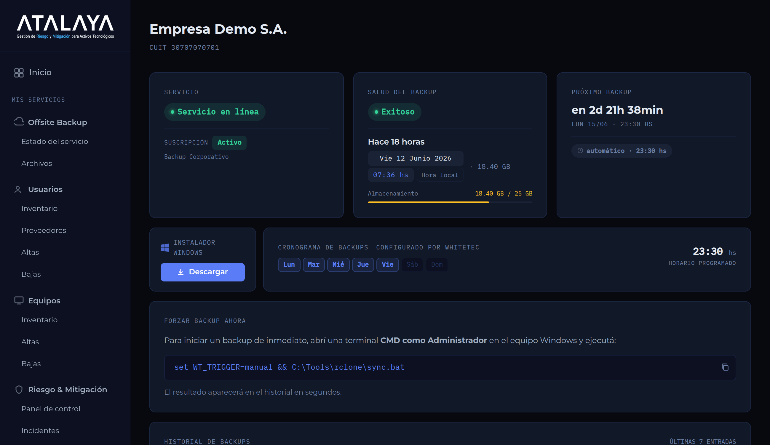 Estado del servicio de Offsite Backup en ATALAYA: salud, almacenamiento y próximo backup